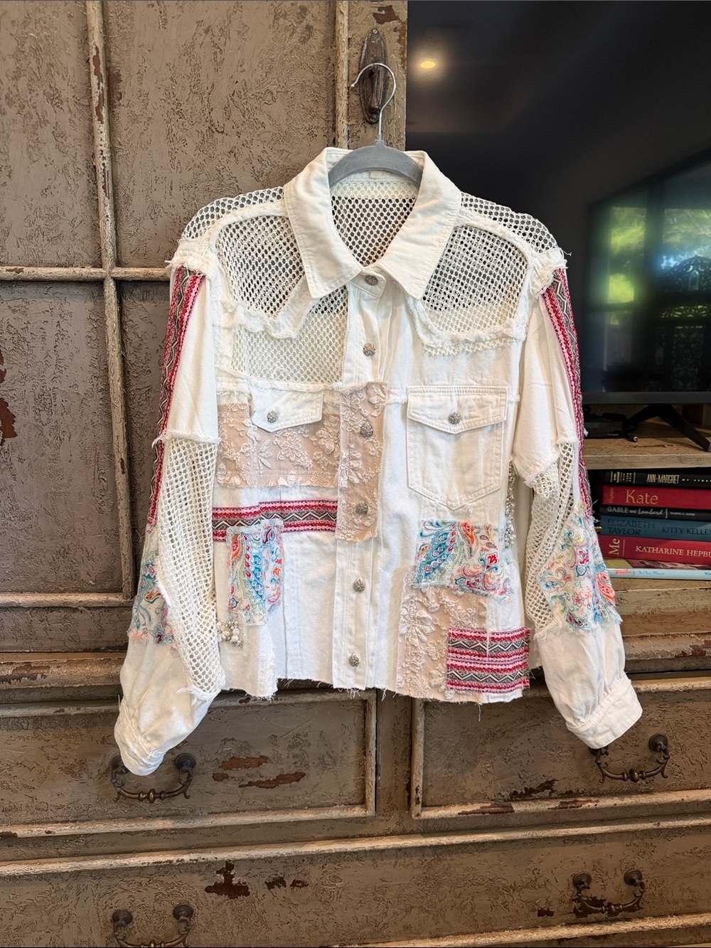 POL White Patchwork Mesh Embroidered Denim Jacket